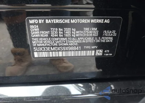 2025 BMW X7 M60I из США, поврежденный, VIN 5UX33EM0XS9X98841